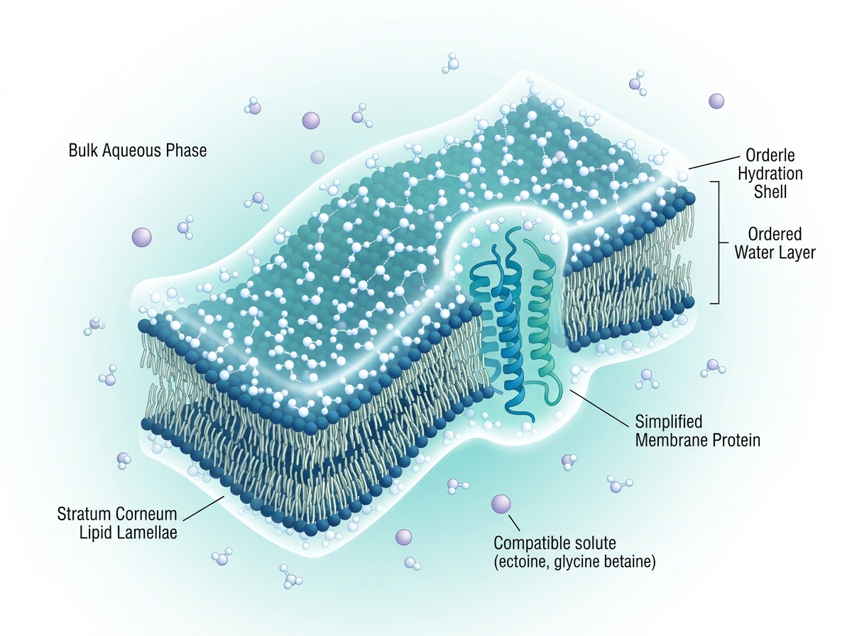 3D visualization of structured water hydration shell stabilized near membrane and protein surfaces